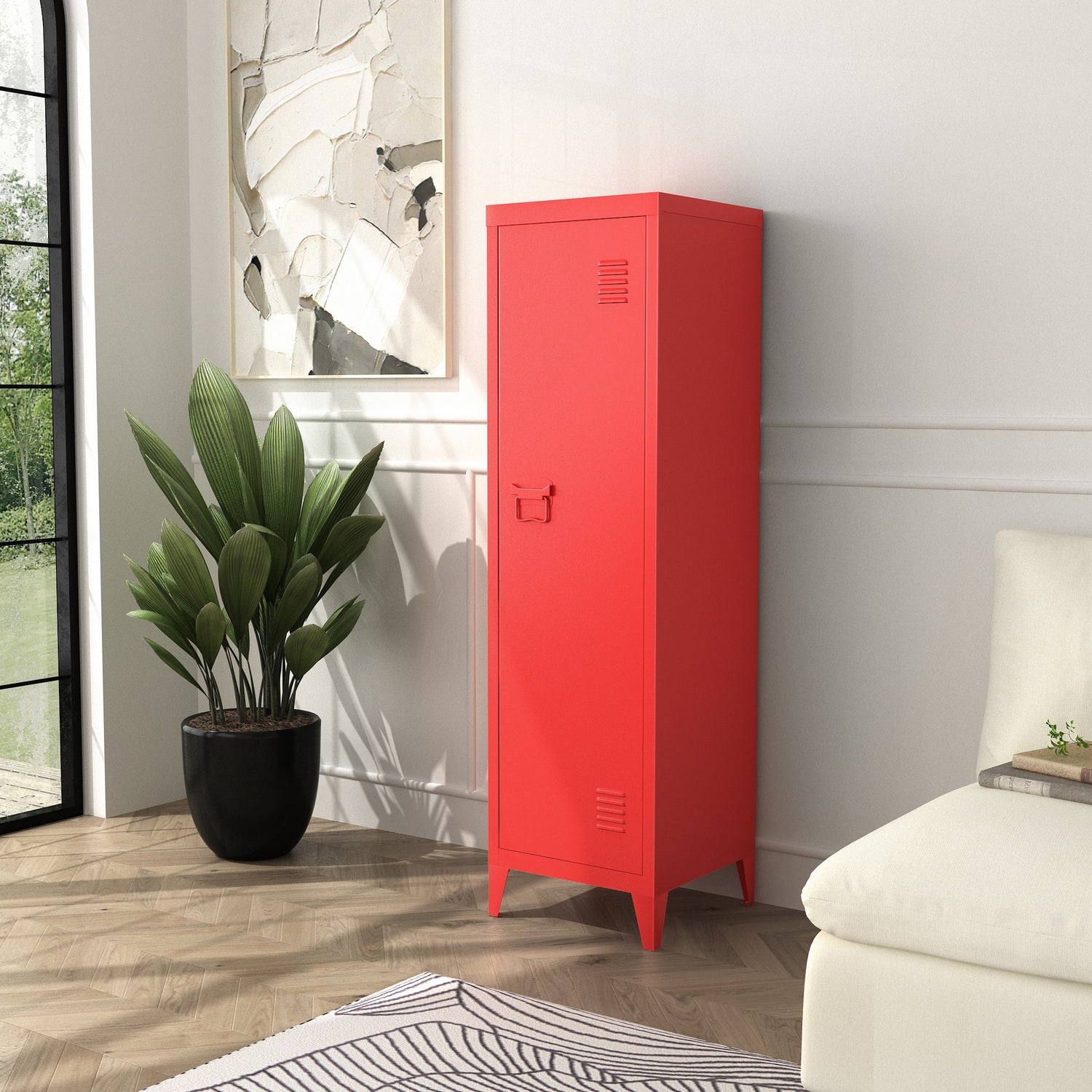 Homylin Commercial Metal File Organizer Home Office Metal Storage Cabinet, 1 Door 3 Shelf, Red