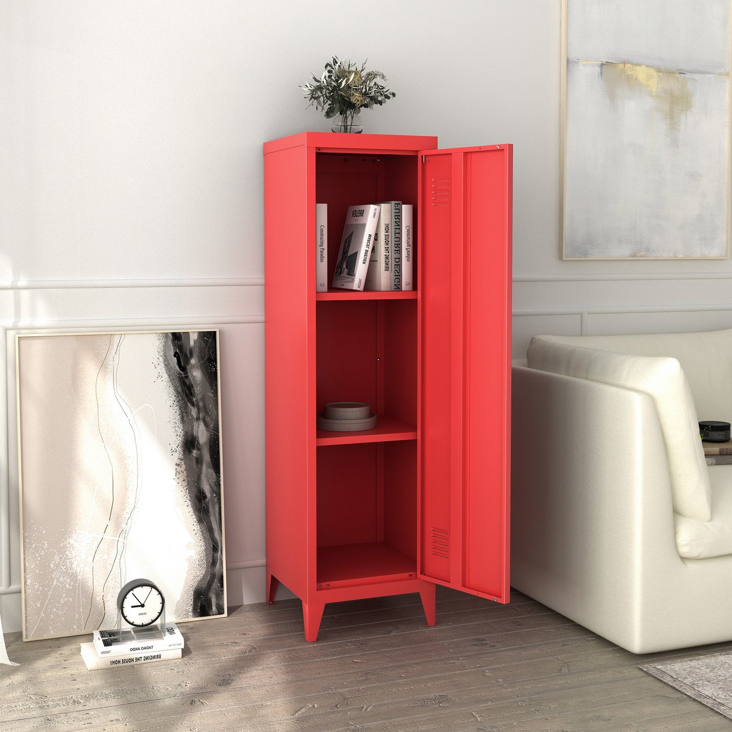 Homylin Commercial Metal File Organizer Home Office Metal Storage Cabinet, 1 Door 3 Shelf, Red