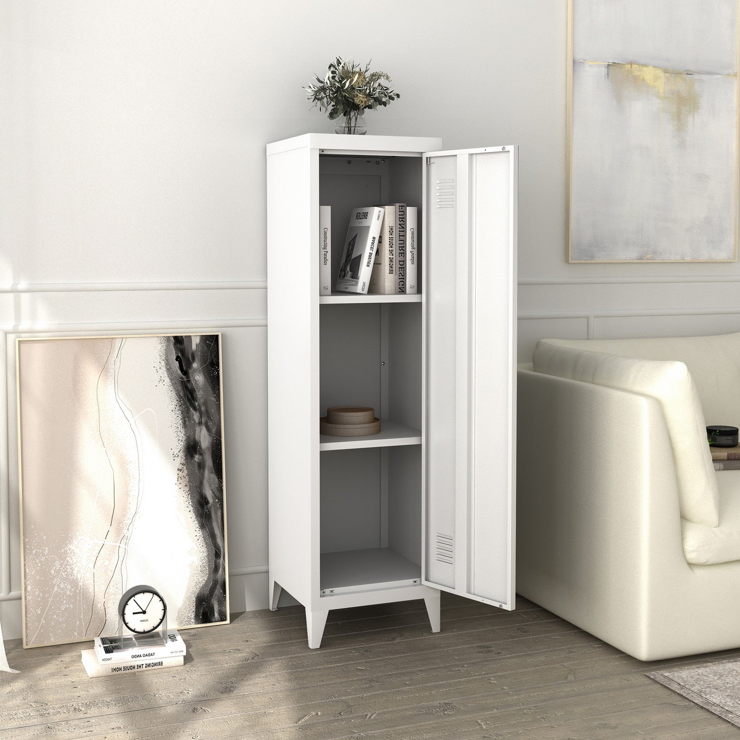 Homylin Commercial Metal File Organizer Home Office Metal Storage Cabinet, 1 Door 3 Shelves, White