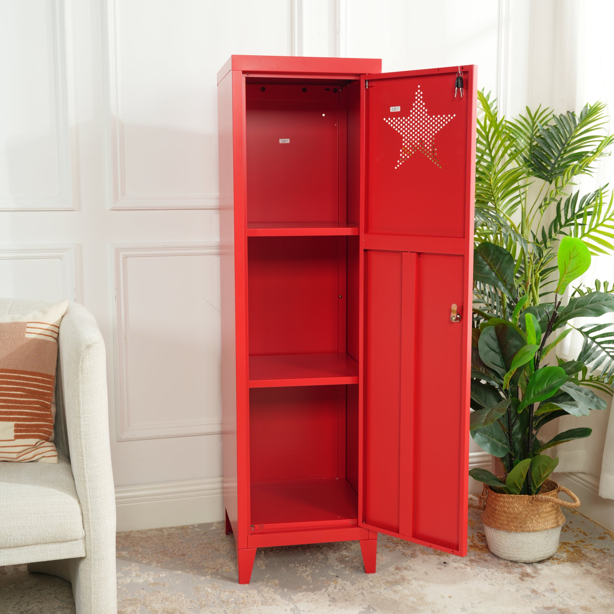 Homylin Commercial Metal File Organizer Home Office Metal Storage Cabinet, 1 Door 3 Shelves, Red Stars