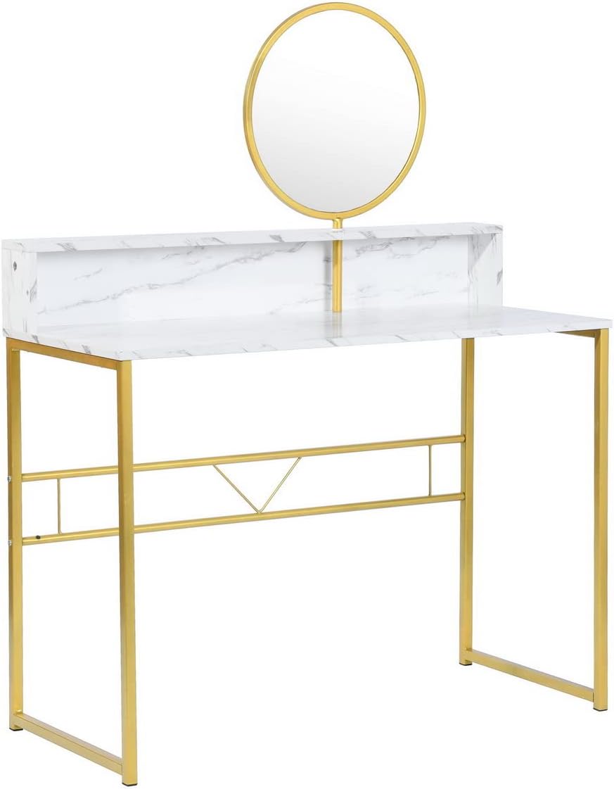 Homylin 2-Tier Dressing Table 41.3''Modern Simple Makeup Vanity Desk with Circular Mirror and Partiton Rectangular Multifunctional Dressing Desk with Metal Gold Leg Writing Desk for Bedroom, White