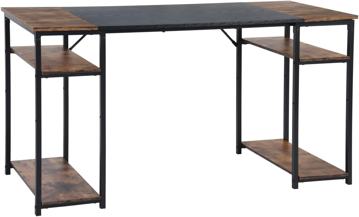 Homylin Computer Desk 55.1" Large Home Office Study Gaming Desk with 2-Tier Storage Shelves, Industrial Antique Style Wood Table Metal Frame for PC Laptop Notebook, Black