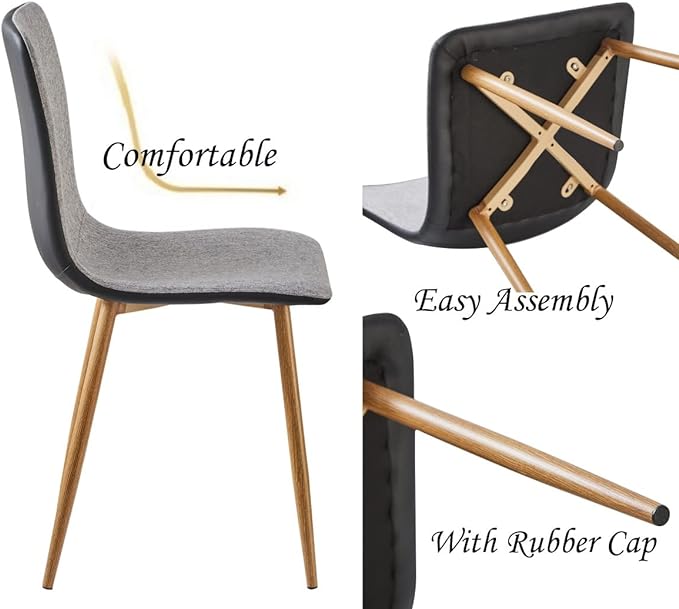 Homylin Dining Chair Set of 4, Scandinavian Accent Chairs Set Comfy Fabric Cushion Seat PU Back Side Chairs Kitchen Chairs with Sturdy Metal Legs for Kitchen, Dining, Living Room, Grey and Black