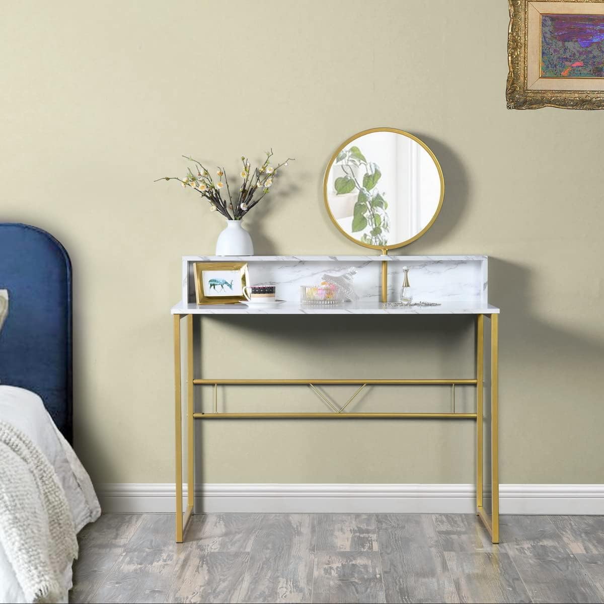 Homylin 2-Tier Dressing Table 41.3''Modern Simple Makeup Vanity Desk with Circular Mirror and Partiton Rectangular Multifunctional Dressing Desk with Metal Gold Leg Writing Desk for Bedroom, White