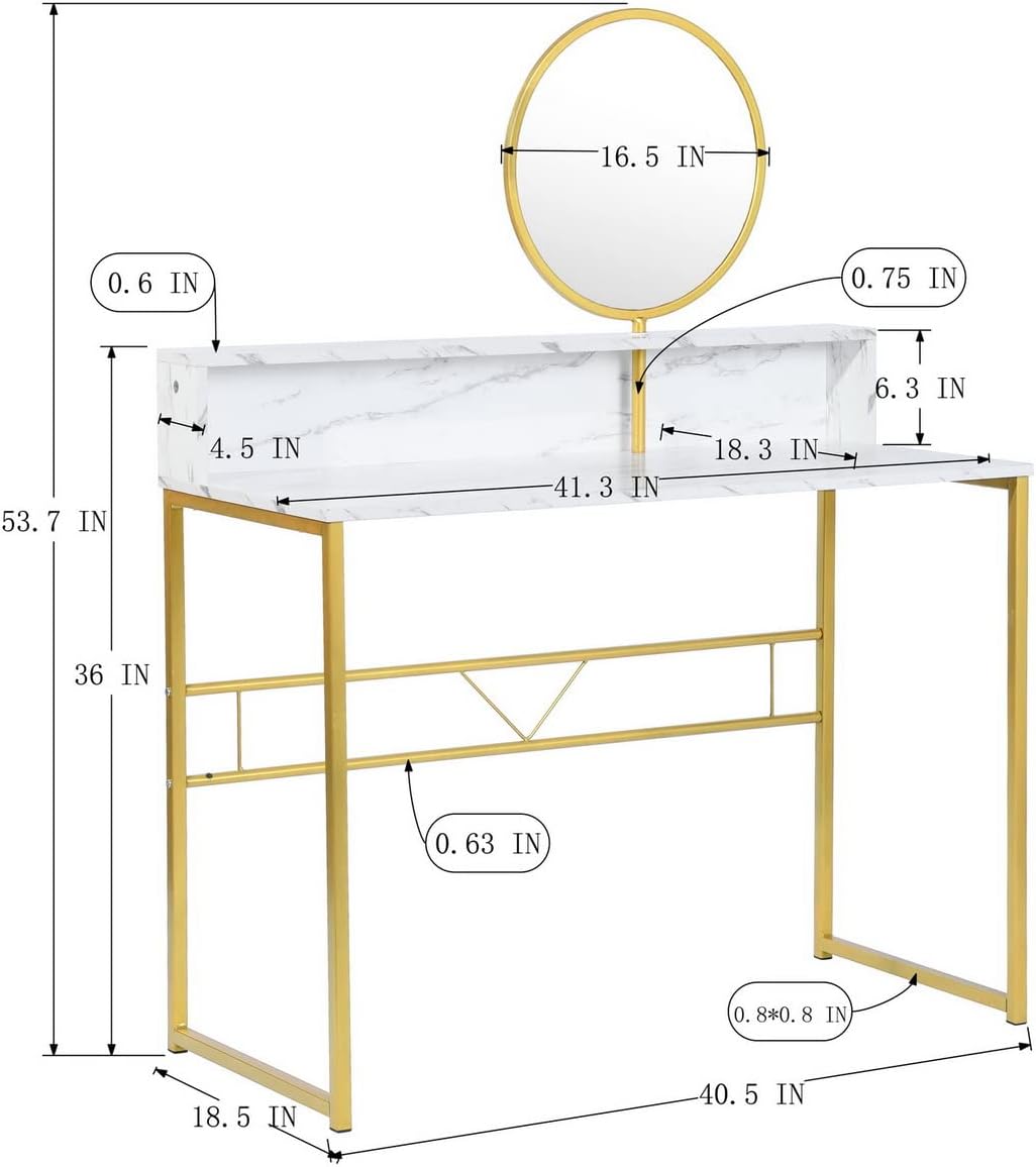 Homylin 2-Tier Dressing Table 41.3''Modern Simple Makeup Vanity Desk with Circular Mirror and Partiton Rectangular Multifunctional Dressing Desk with Metal Gold Leg Writing Desk for Bedroom, White