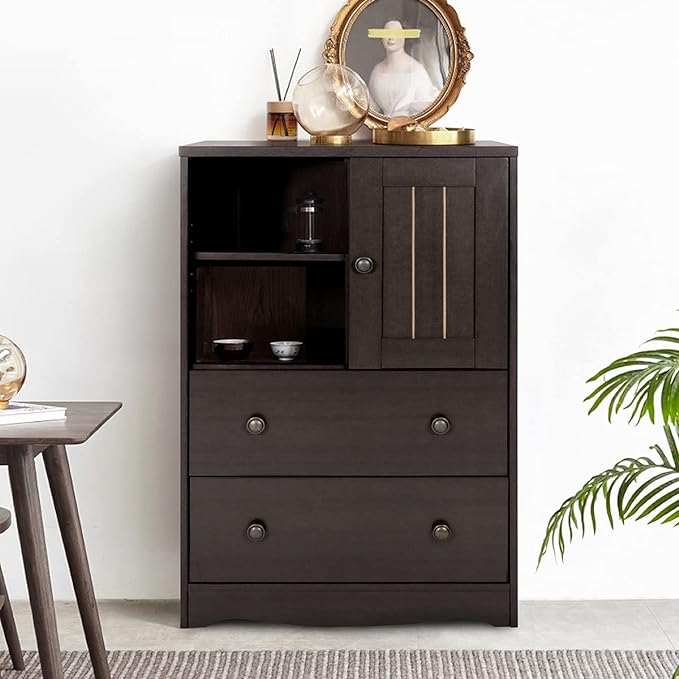 Homylin Storage Cabinet with 2 Drawers, Freestanding Bathroom Floor Cabinet Modern Storage Sideboard Organizer with Adjustable Shelf for Living Room Office Kitchen, Dark Brown