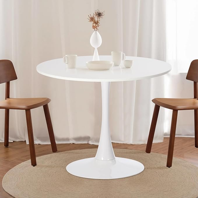 Homylin Round Dining Table, 29.9IN Tulip Dining Table Kitchen Dining Table 2-4 People with MDF Top and Pedestal Base, Mid-Century Side Table Coffee Table Office Table,White