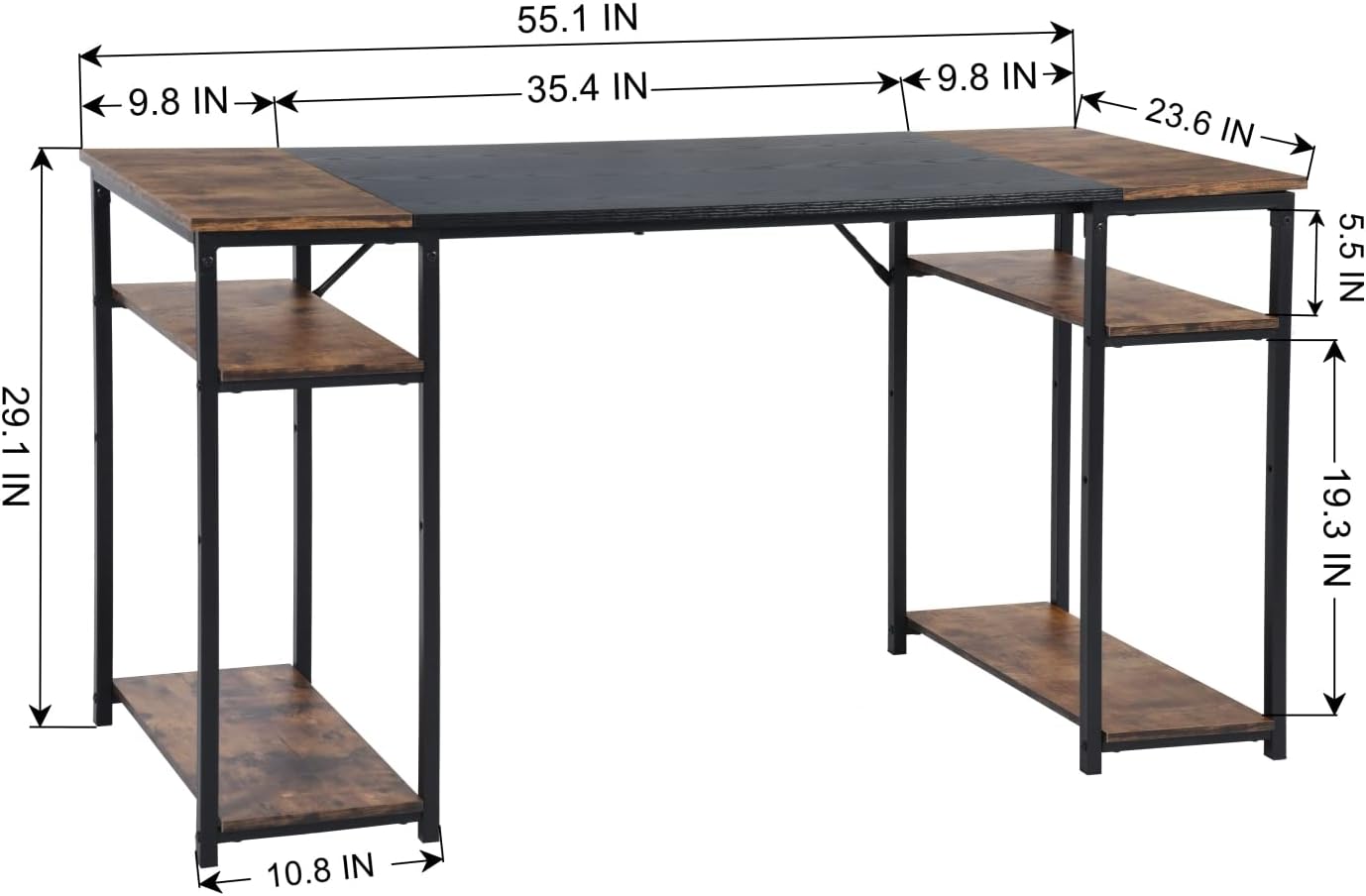 Homylin Computer Desk 55.1" Large Home Office Study Gaming Desk with 2-Tier Storage Shelves, Industrial Antique Style Wood Table Metal Frame for PC Laptop Notebook, Black