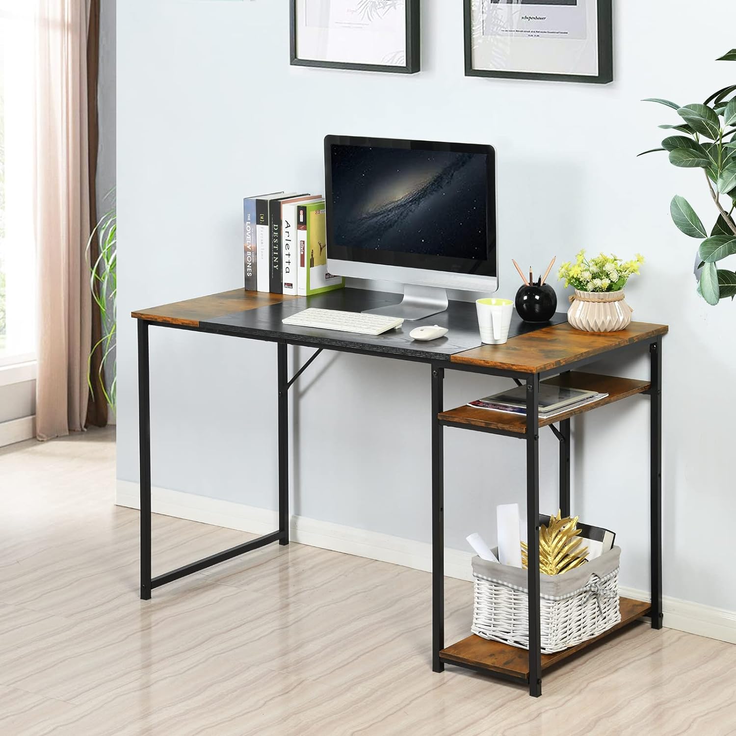 Homylin Computer Desk with Shelves for Small Spaces Simple Home Office Desk Study Writing Office Table Laptop PC Writing Desks (Brown, 47.2 Inch)