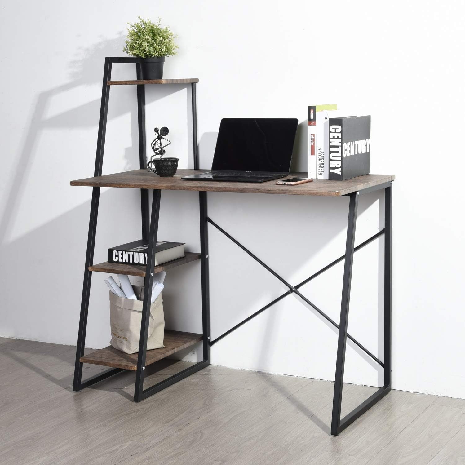 Homylin Computer Desk 39.4 inch Small Study Writing Table with Wooden Storage Shelves Morden Laptop Desks for Home Office Bedroom, Brown