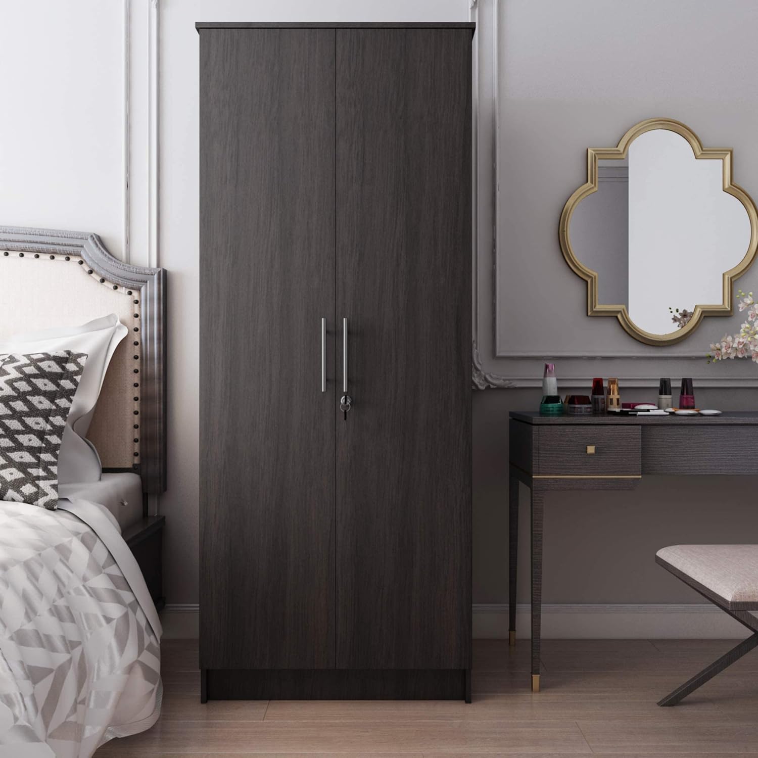 Homylin 2-Door Wardrobe Armoires Bedroom Armoire with Hanging Rod/Shelves/Lock, Freestanding Clothes Closet Big Storage Cabinet in Dark Brown, 29.6'' W x 17.7''D x 72'' H