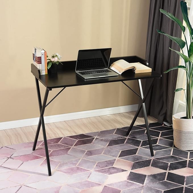 Homylin Computer Desk 39.4'' with Wooden Pegboard Industrial X-Shape Desktop Gaming PC Laptop Desk, Home Office Desk Workstation Study Table, Easy Assembly, Black