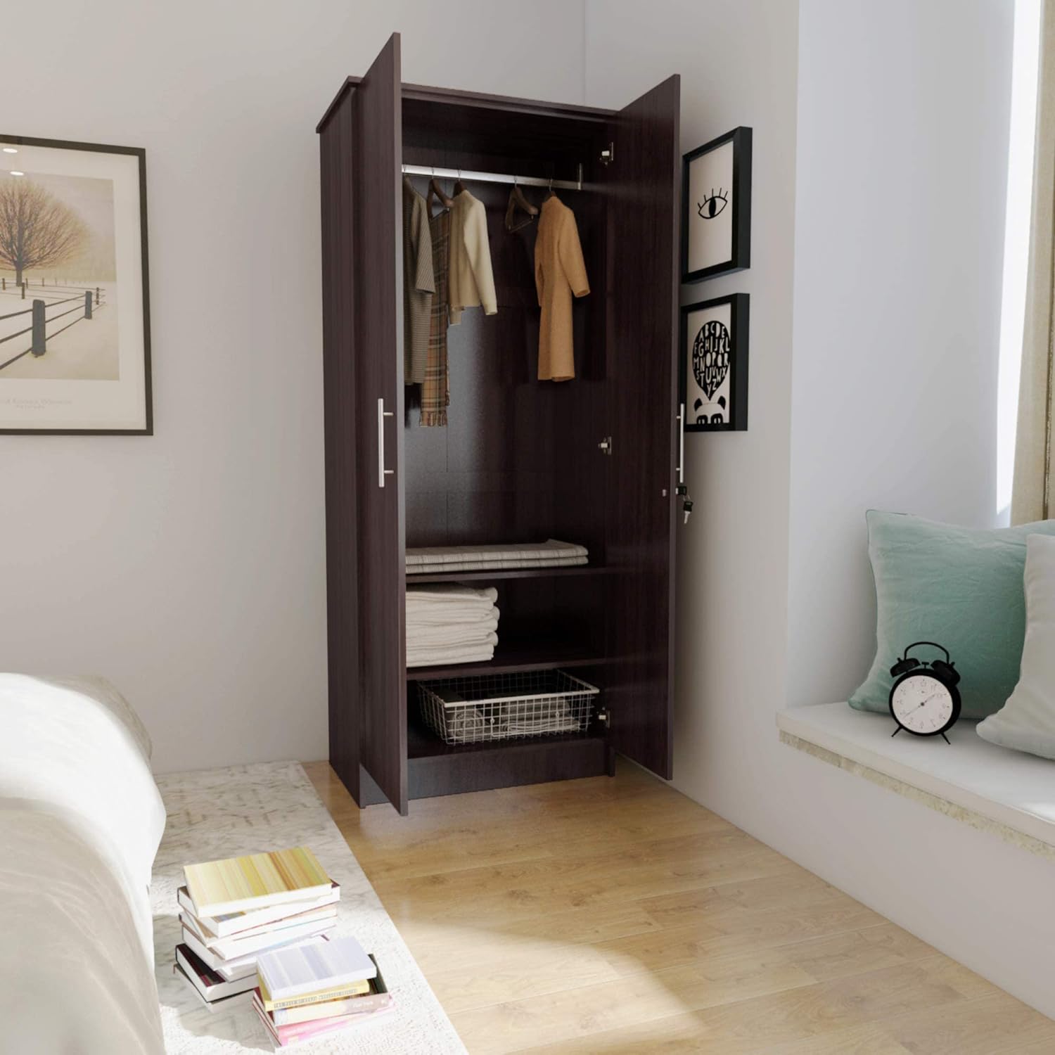 Homylin 2-Door Wardrobe Armoires Bedroom Armoire with Hanging Rod/Shelves/Lock, Freestanding Clothes Closet Big Storage Cabinet in Dark Brown, 29.6'' W x 17.7''D x 72'' H