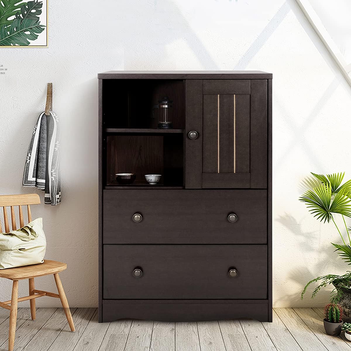 Homylin Storage Cabinet with 2 Drawers, Freestanding Bathroom Floor Cabinet Modern Storage Sideboard Organizer with Adjustable Shelf for Living Room Office Kitchen, Dark Brown