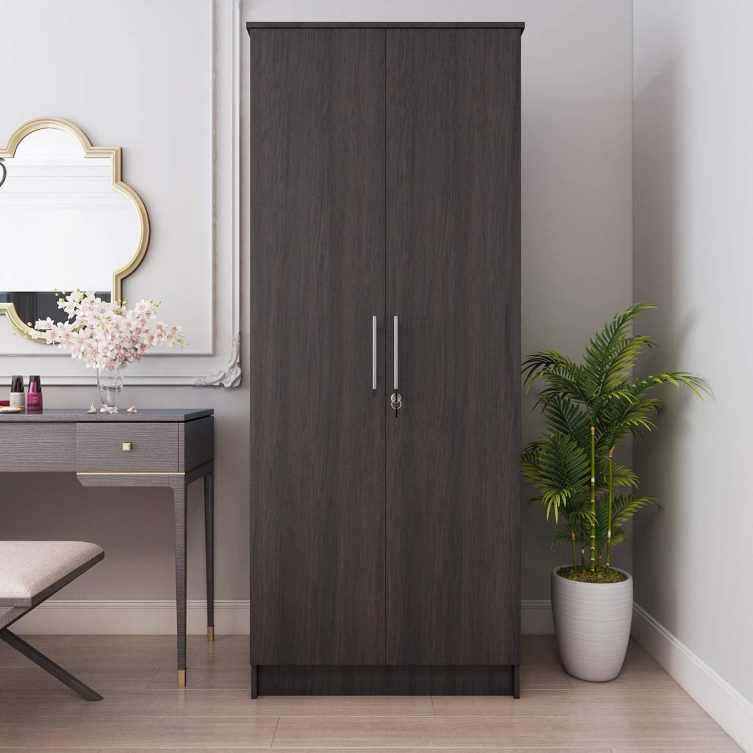 Homylin 2-Door Wardrobe Armoires Bedroom Armoire with Hanging Rod/Shelves/Lock, Freestanding Clothes Closet Big Storage Cabinet in Dark Brown, 29.6'' W x 17.7''D x 72'' H