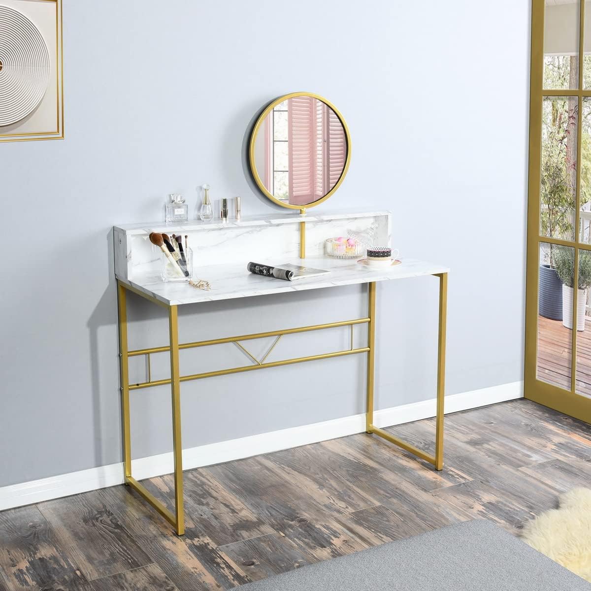 Homylin 2-Tier Dressing Table 41.3''Modern Simple Makeup Vanity Desk with Circular Mirror and Partiton Rectangular Multifunctional Dressing Desk with Metal Gold Leg Writing Desk for Bedroom, White