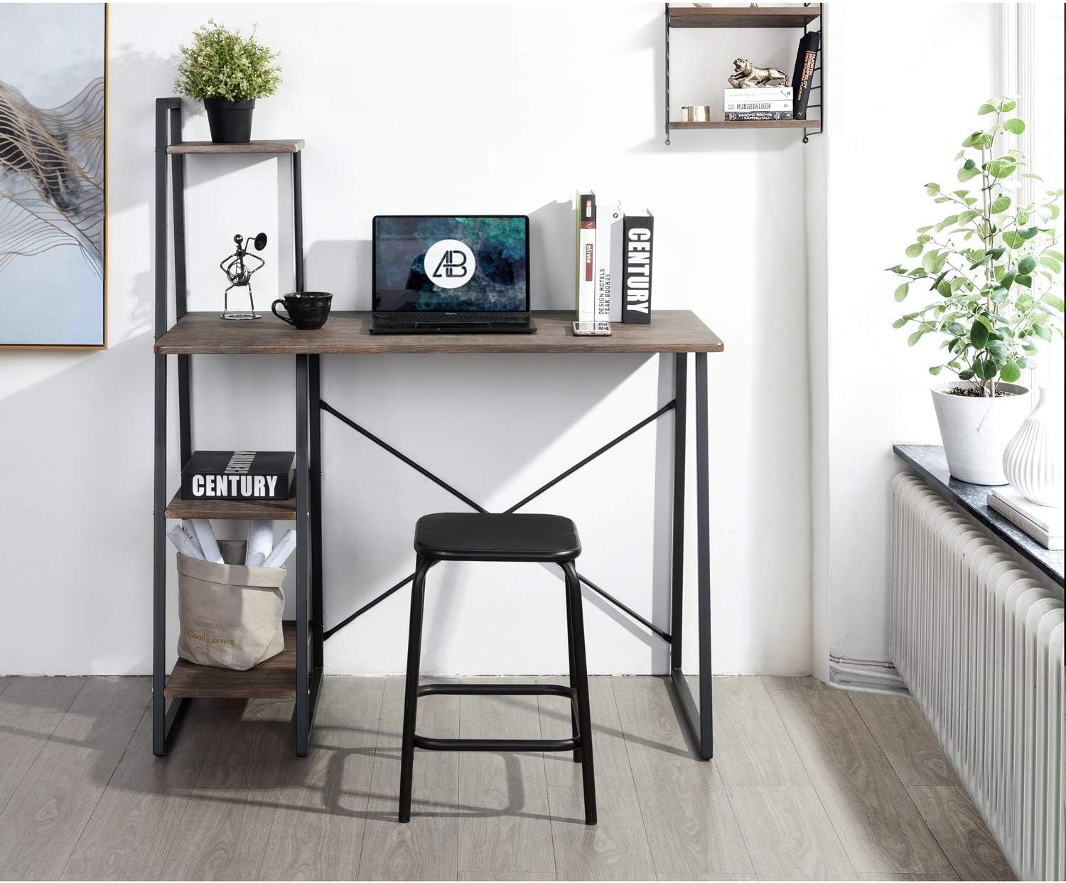Homylin Computer Desk 39.4 inch Small Study Writing Table with Wooden Storage Shelves Morden Laptop Desks for Home Office Bedroom, Brown