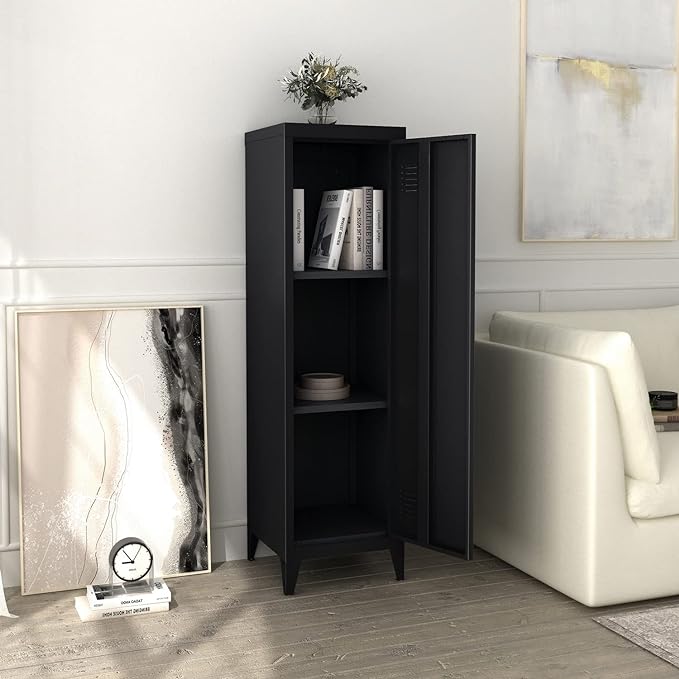 Homylin Commercial Metal File Organizer Home Office Metal Storage Cabinet, 1 Door 3 Shelves, Black