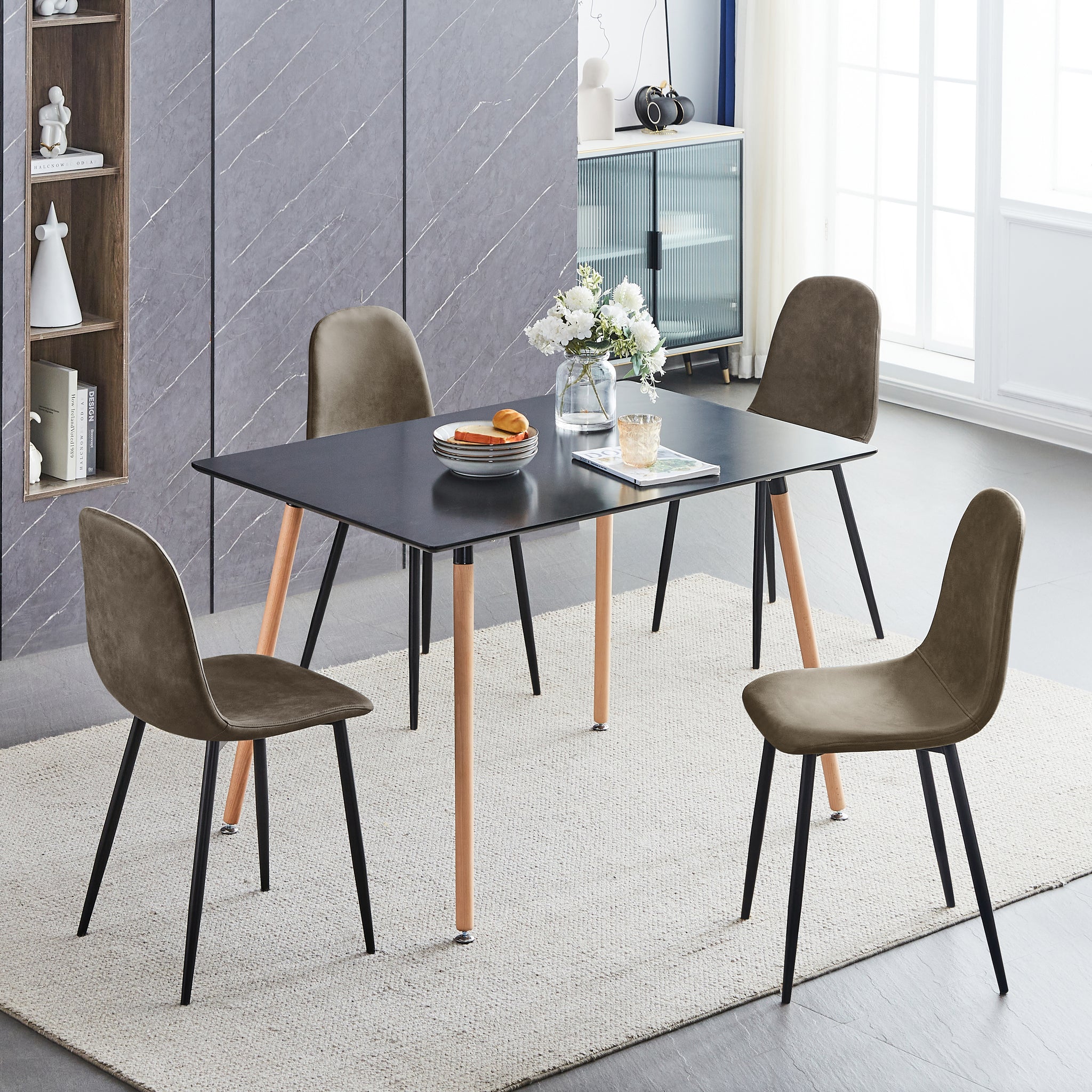 Homylin Mid-Century Tech Fabric Upholstered Kitchen Chairs (Set of 2) Armless Casual Decorative Chairs with Black Legs for Kitchen, Dining and Living Room, Dark Brown