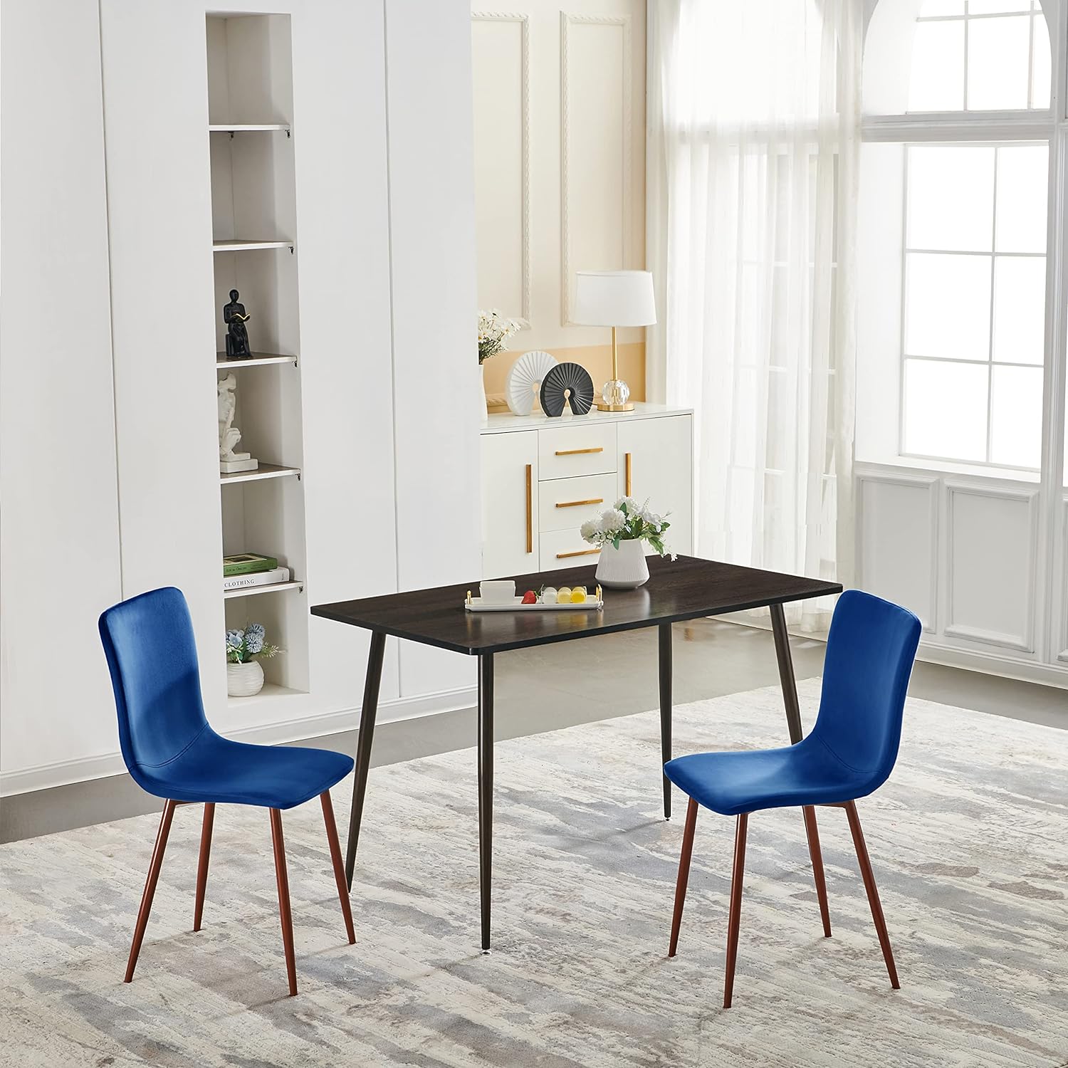 Homylin Velvet Dining Chair Set of 4, Scandinavian Comfy Cotton Velvet Cushion Seat Back, Walnut Grain Sturdy Metal Legs for Kitchen, Dining, Living Room, Dark Blue