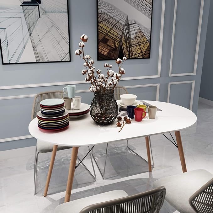 Homylin Dining Table Oval 47.2" Mid Century Modern White Kitchen Dinner Table White Simple Table for Home Office Kitchen Living Room Bistro Cafe, Computer Writing Desk, White (Oval)