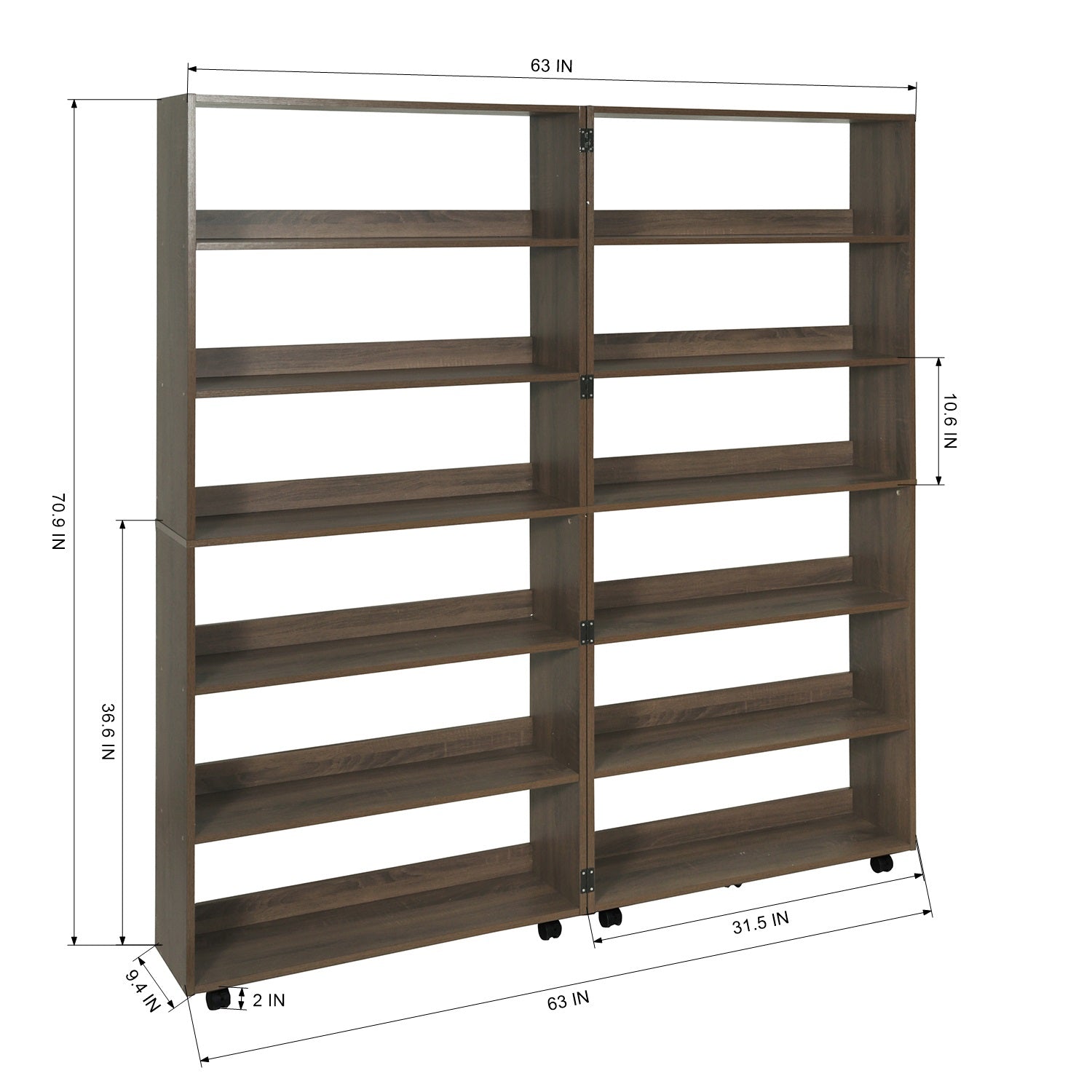Homylin 6-Tier Shelves 180°Adjustable Wooden Bookshelf with Casters for Home Living Room, Office and Study, Multipurpose Storage Shelf 63L×9.4W×72.9H INCHES, Brown