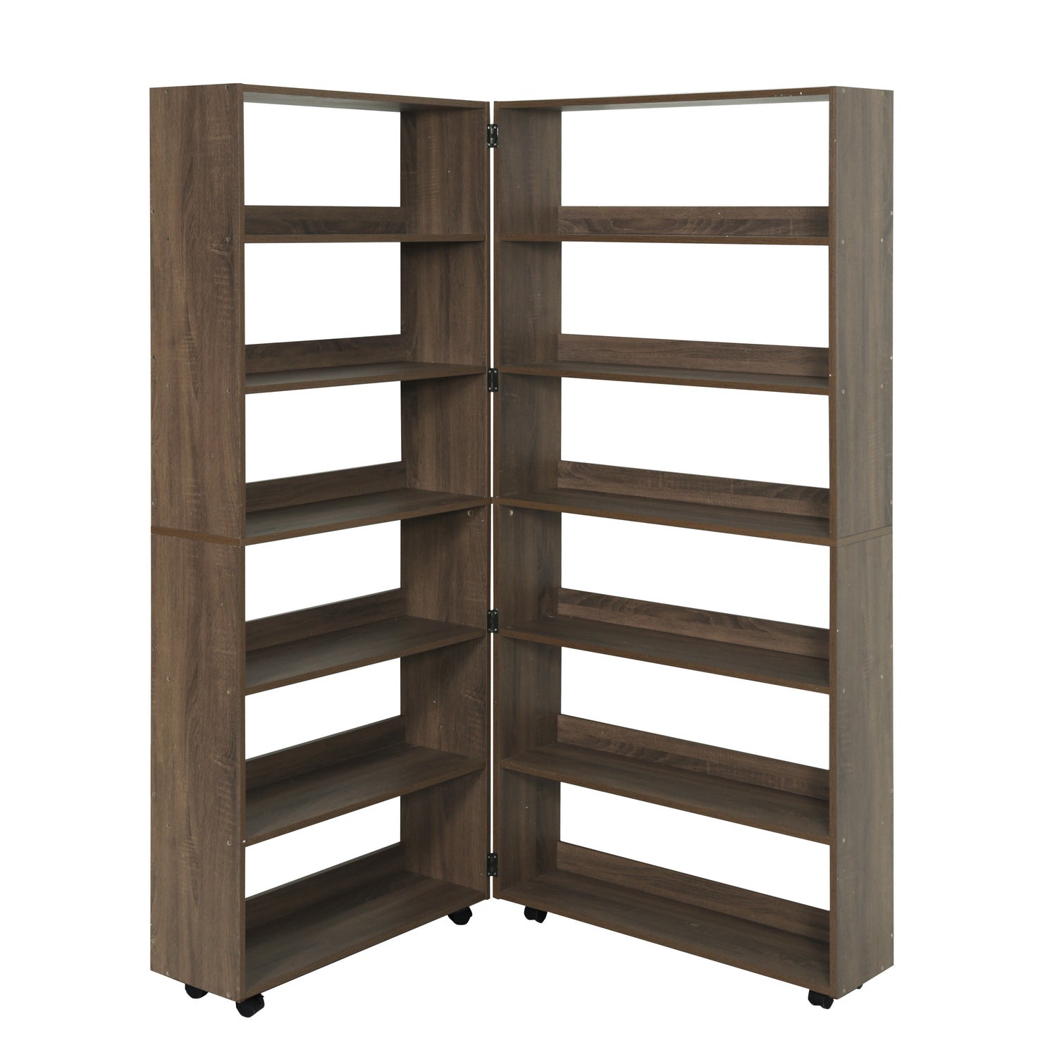 Homylin 6-Tier Shelves 180°Adjustable Wooden Bookshelf with Casters for Home Living Room, Office and Study, Multipurpose Storage Shelf 63L×9.4W×72.9H INCHES, Brown