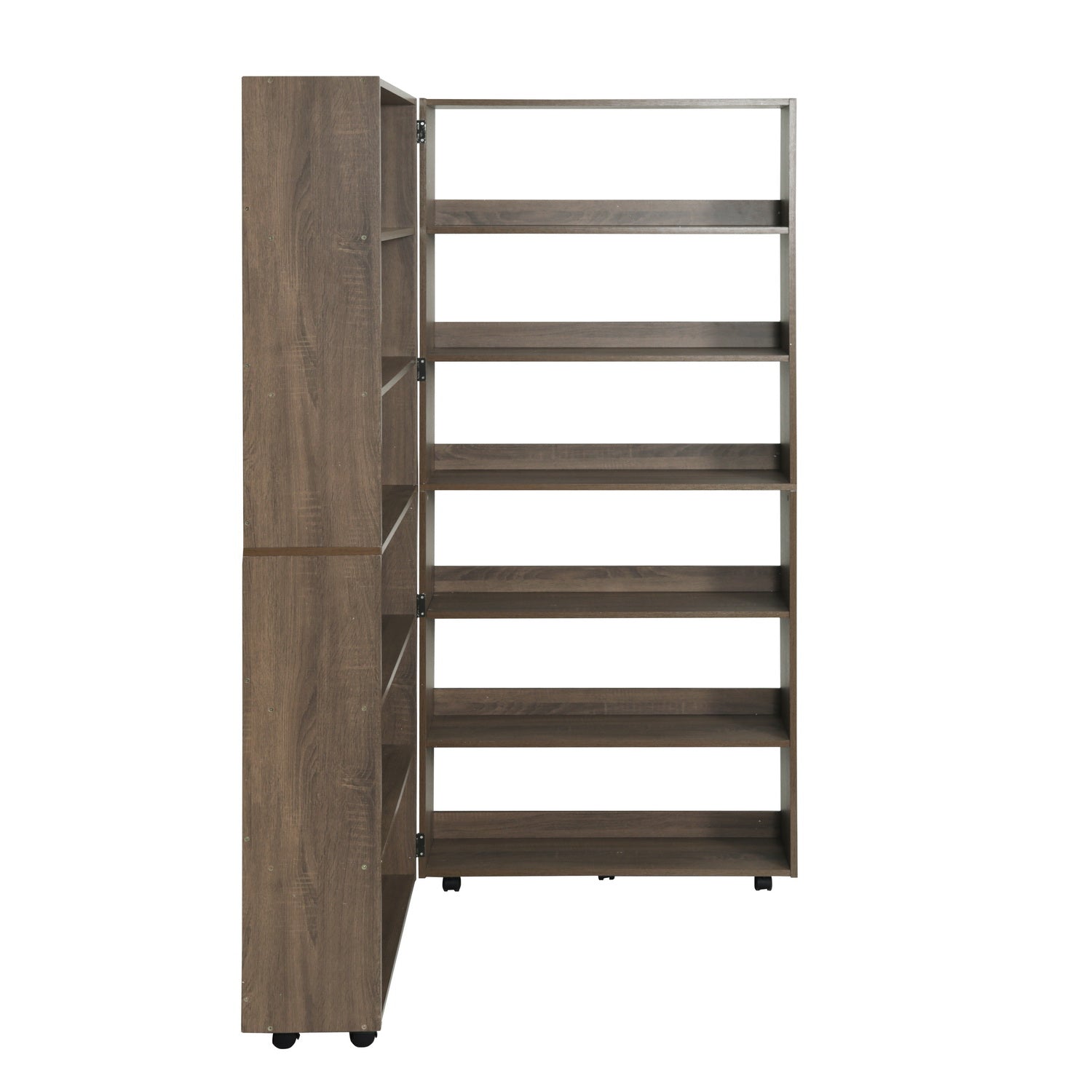 Homylin 6-Tier Shelves 180°Adjustable Wooden Bookshelf with Casters for Home Living Room, Office and Study, Multipurpose Storage Shelf 63L×9.4W×72.9H INCHES, Brown