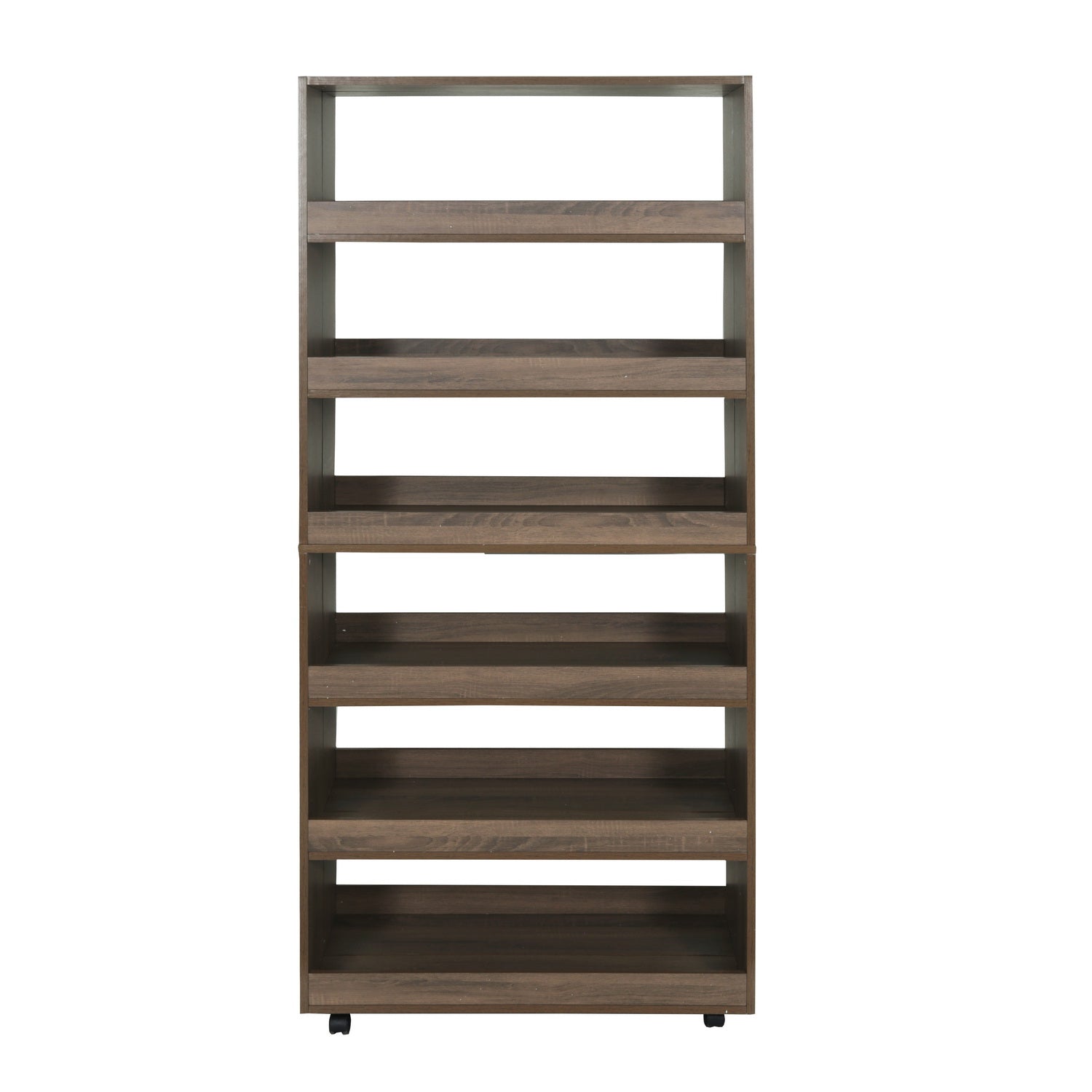 Homylin 6-Tier Shelves 180°Adjustable Wooden Bookshelf with Casters for Home Living Room, Office and Study, Multipurpose Storage Shelf 63L×9.4W×72.9H INCHES, Brown