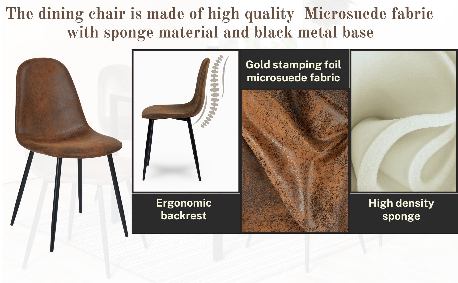Homylin Dining Chairs Set of 4 Modern Mid-Century Style Dining Room Side Chairs Accent Chairs with Black Metal Legs Comfortable for Kitchen Lounge Farmhouse, Rustic Brown, 4PCS