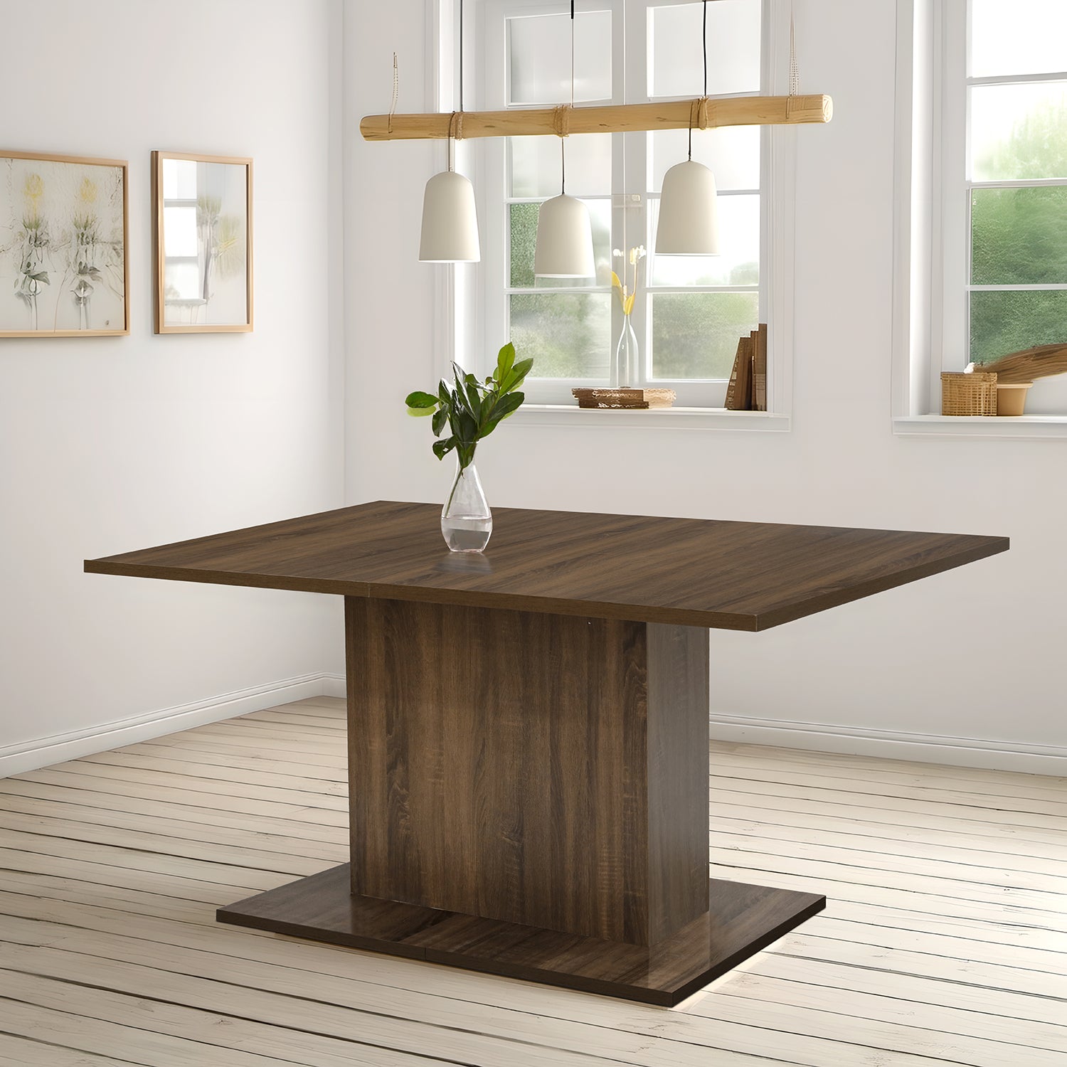 Homylin 63''Rectangular Dining Table Simplicity Kitchen Table with Wooden Pedestal Base Contemporary Living Room Dining Room Table Furniture, Seats Up to 6, Dark Brown