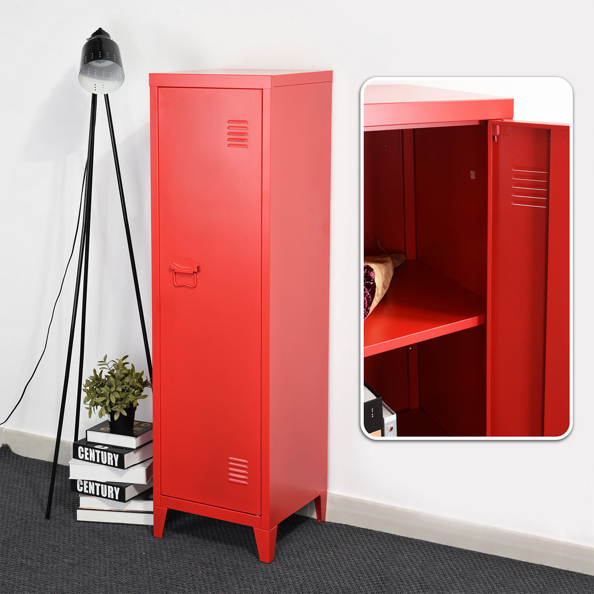 Homylin Commercial Metal File Organizer Home Office Metal Storage Cabinet, 1 Door 3 Shelf, Red