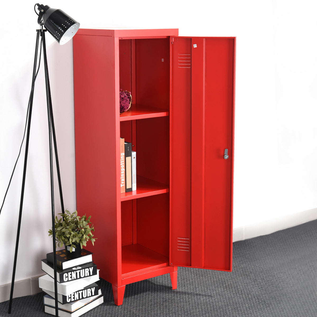 Homylin Commercial Metal File Organizer Home Office Metal Storage Cabinet, 1 Door 3 Shelf, Red