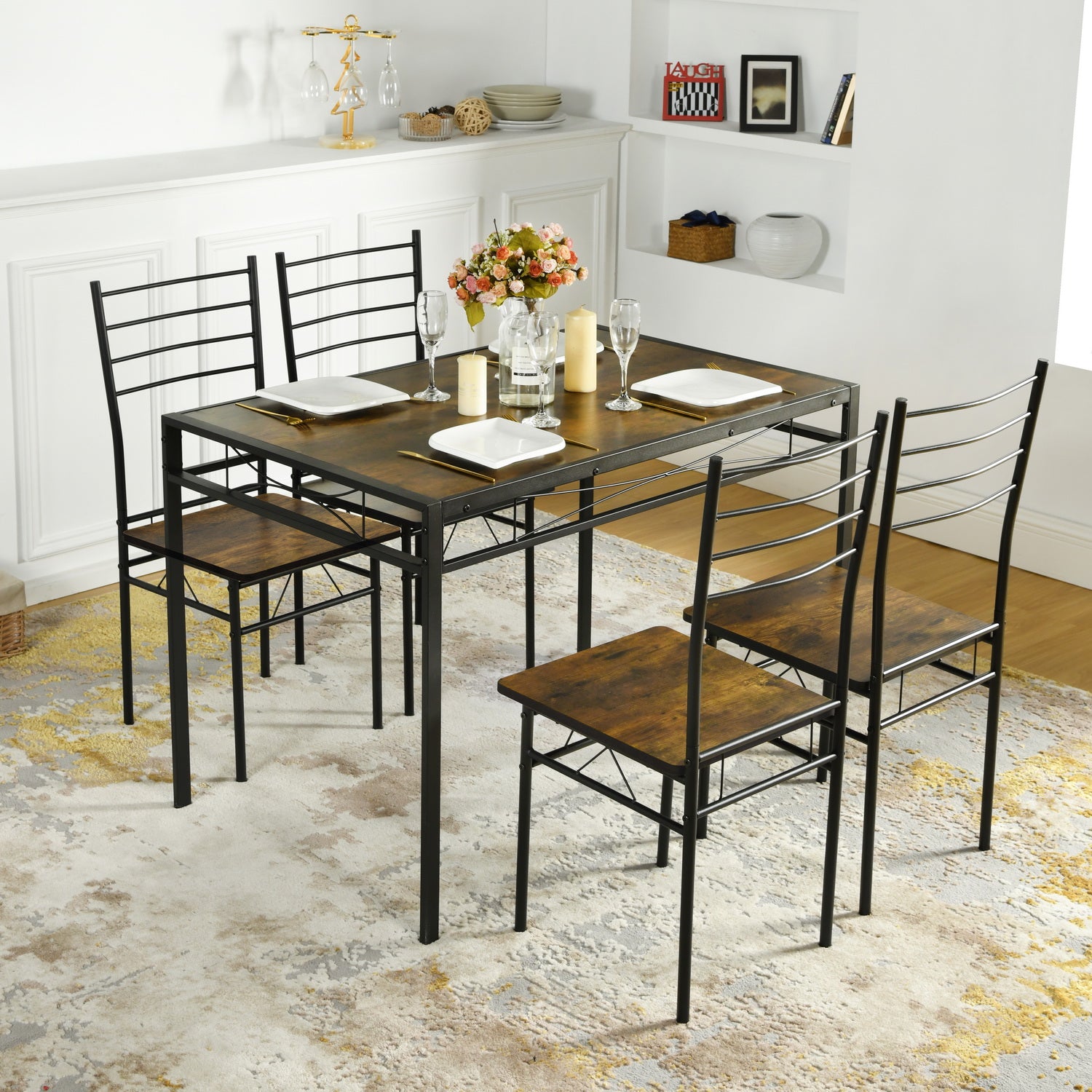 Homylin Dining Table 5 Piece Set, Dining Set for 4, Modern Rectangular Table and 4 Chairs Set for Kitchen, Dining Room, Breakfast, Dining Room Chairs Set of 4, Vintage