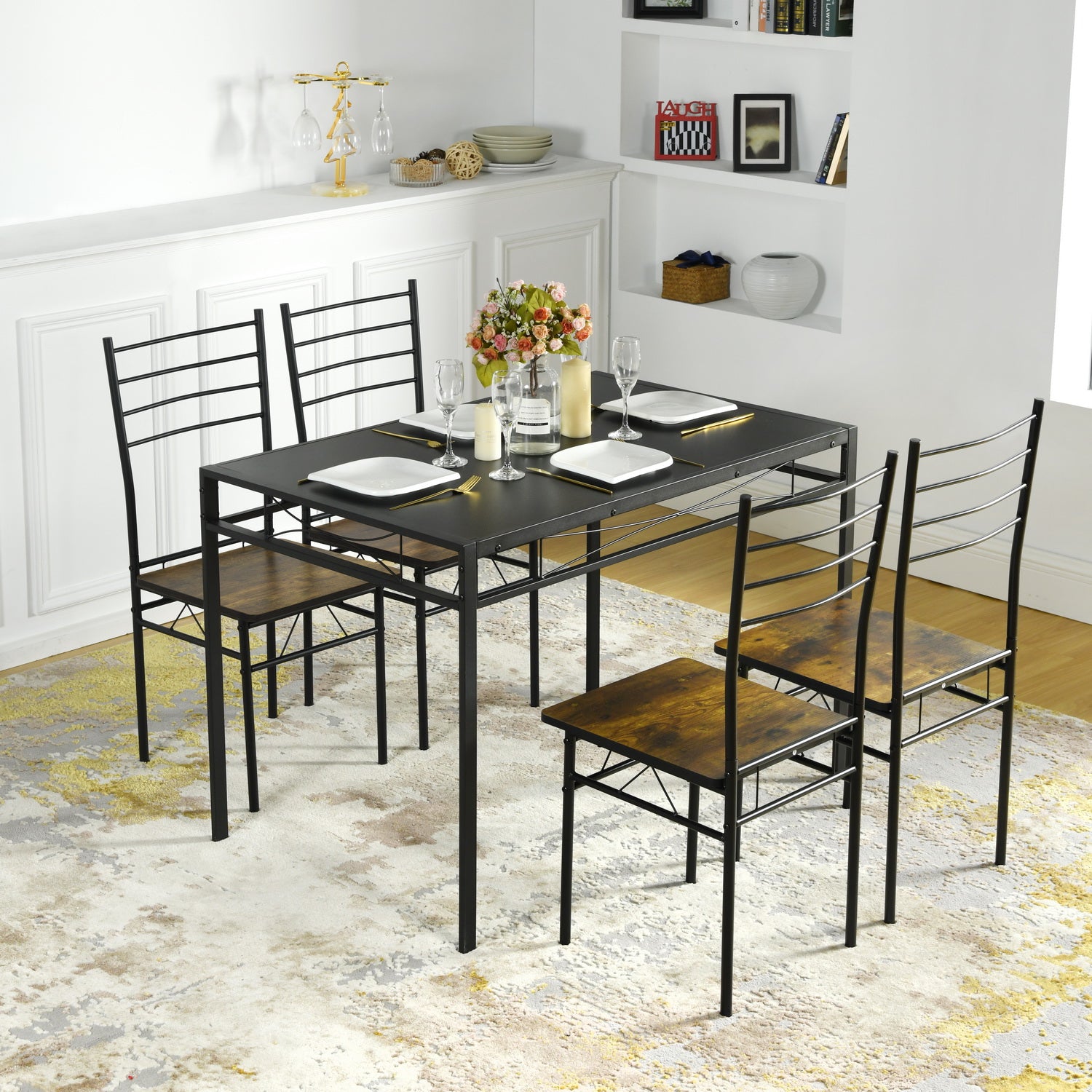 Homylin Dining Table for 4, Retro Style Industrial Minimalist Design For Dining Room Kitchen Condominiums Party Cafe Small  Space 43.3 x 27.6 x 29.5 IN Brown