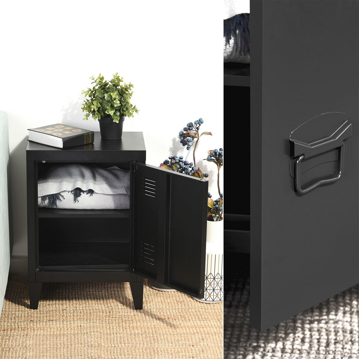 Homylin Nightstands Bedside Tables Metal Locker Cabinet Small Metal Cabinet Industrial Style Bedside Table Bedside Coffee Table, 1 Door with 2 Shelves, Black