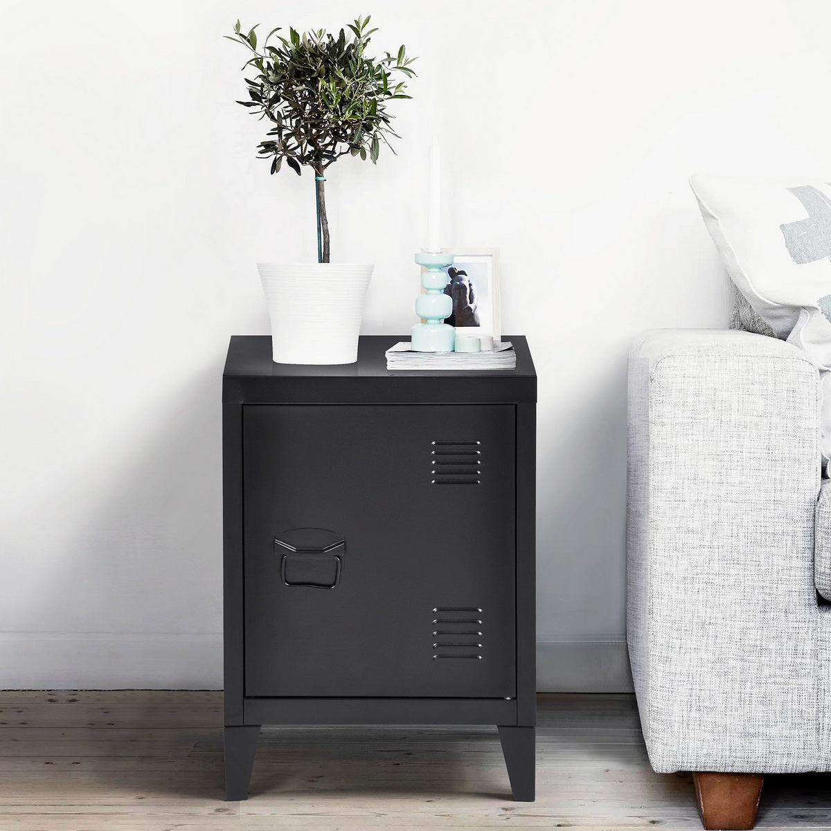 Homylin Nightstands Bedside Tables Metal Locker Cabinet Small Metal Cabinet Industrial Style Bedside Table Bedside Coffee Table, 1 Door with 2 Shelves, Black