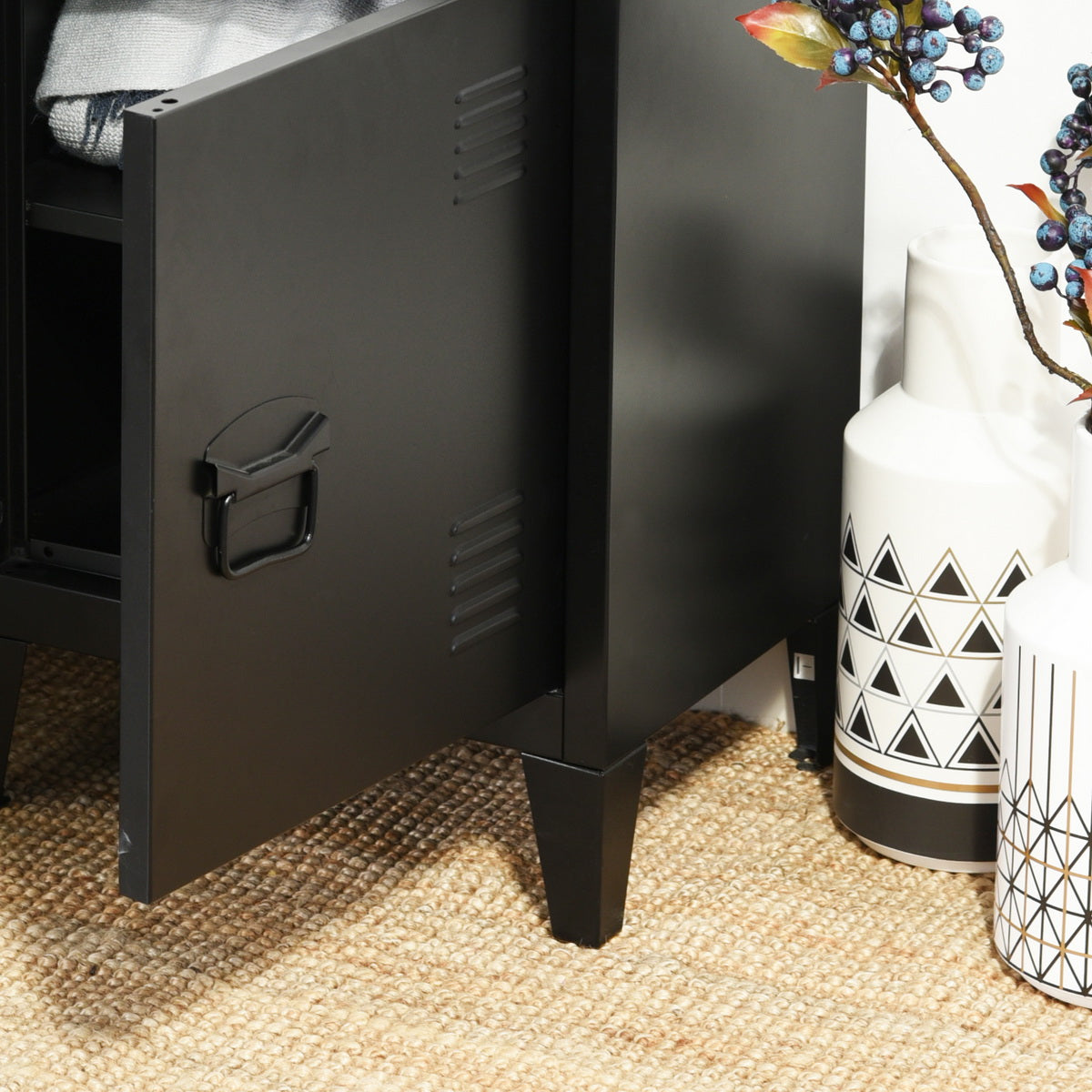 Homylin Nightstands Bedside Tables Metal Locker Cabinet Small Metal Cabinet Industrial Style Bedside Table Bedside Coffee Table, 1 Door with 2 Shelves, Black