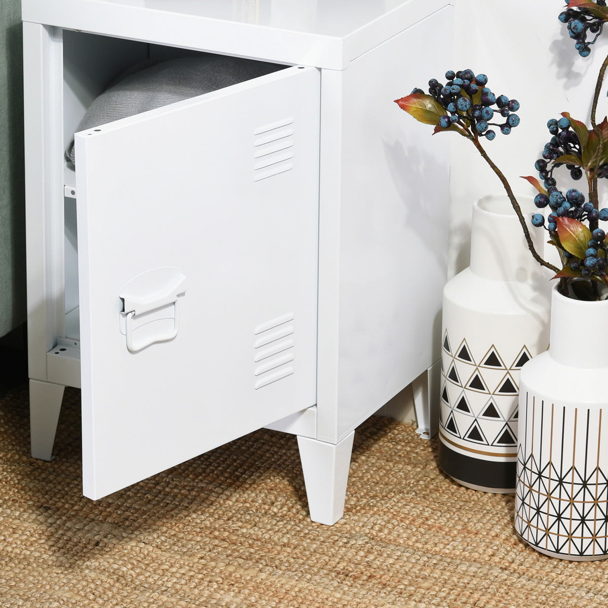 Homylin Nightstands Bedside Tables Metal Locker Cabinet Small Metal Cabinet Industrial Style Bedside Table Bedside Coffee Table, 1 Door with 2 Shelves, White