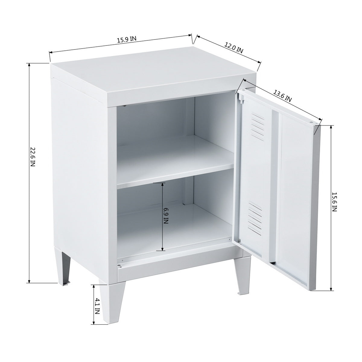 Homylin Nightstands Bedside Tables Metal Locker Cabinet Small Metal Cabinet Industrial Style Bedside Table Bedside Coffee Table, 1 Door with 2 Shelves, White