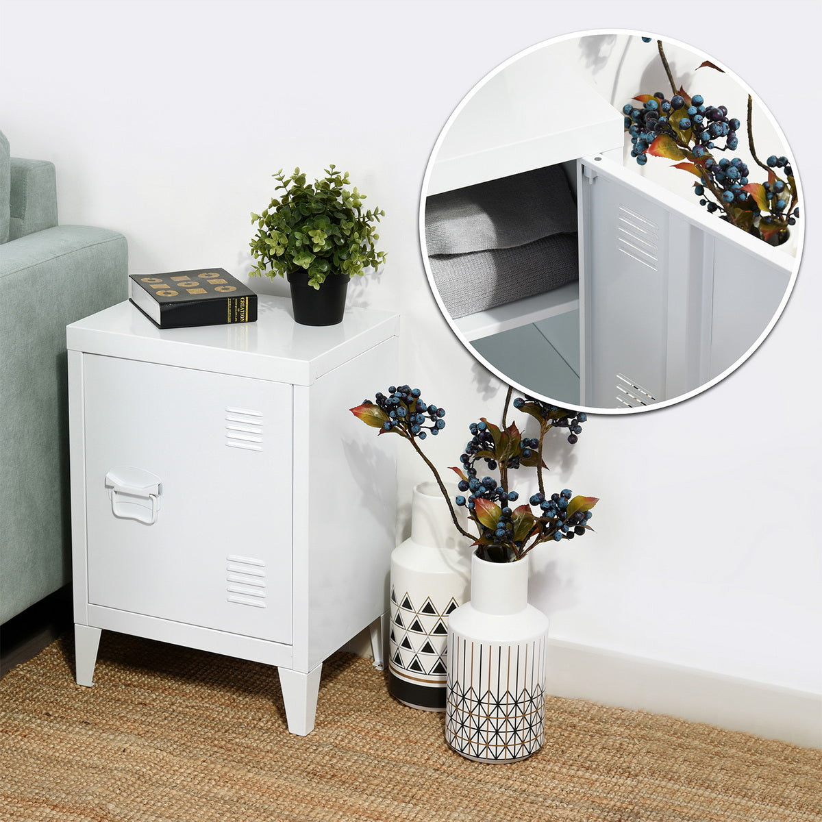 Homylin Nightstands Bedside Tables Metal Locker Cabinet Small Metal Cabinet Industrial Style Bedside Table Bedside Coffee Table, 1 Door with 2 Shelves, White