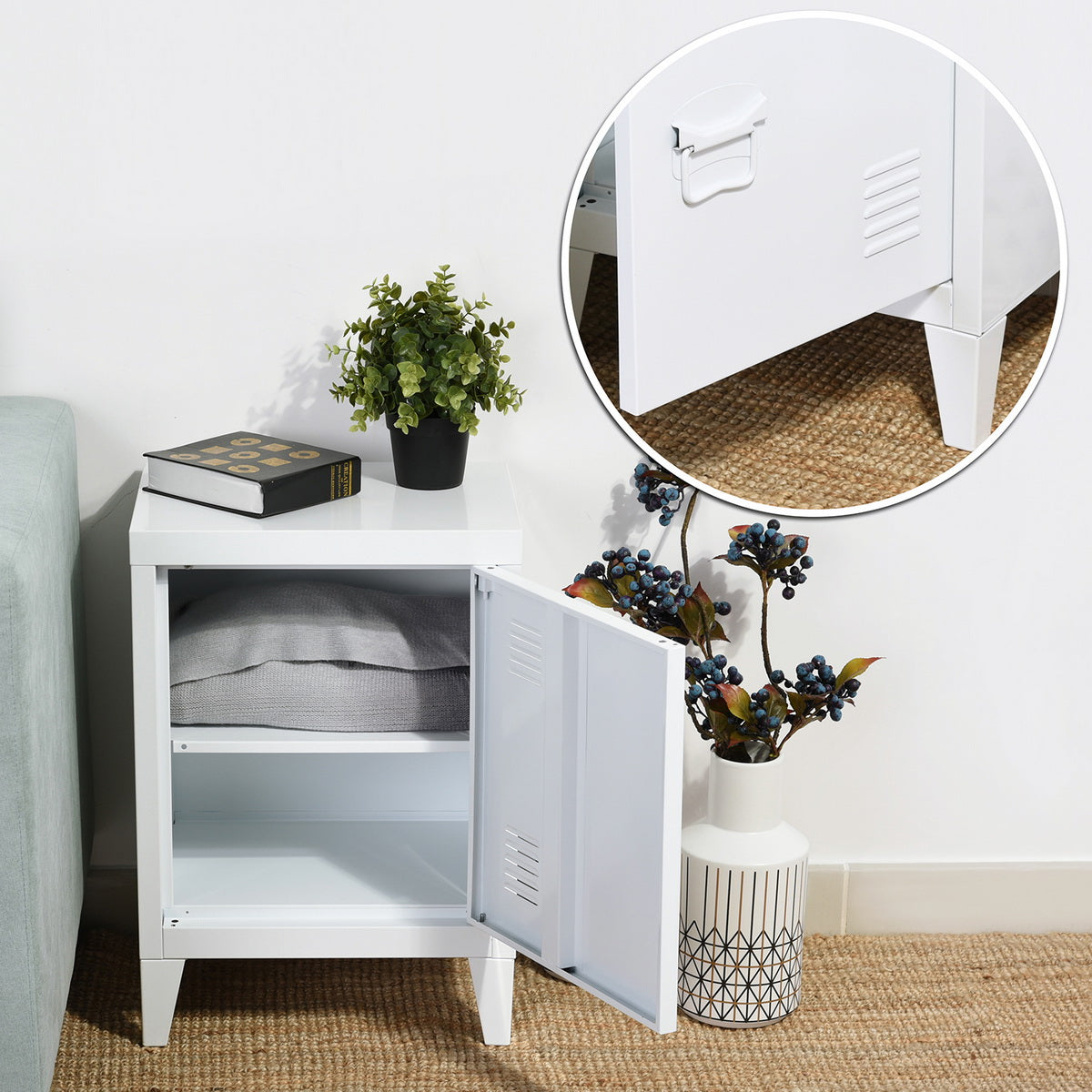 Homylin Nightstands Bedside Tables Metal Locker Cabinet Small Metal Cabinet Industrial Style Bedside Table Bedside Coffee Table, 1 Door with 2 Shelves, White