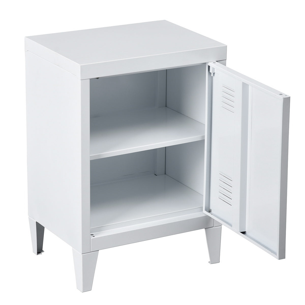 Homylin Nightstands Bedside Tables Metal Locker Cabinet Small Metal Cabinet Industrial Style Bedside Table Bedside Coffee Table, 1 Door with 2 Shelves, White