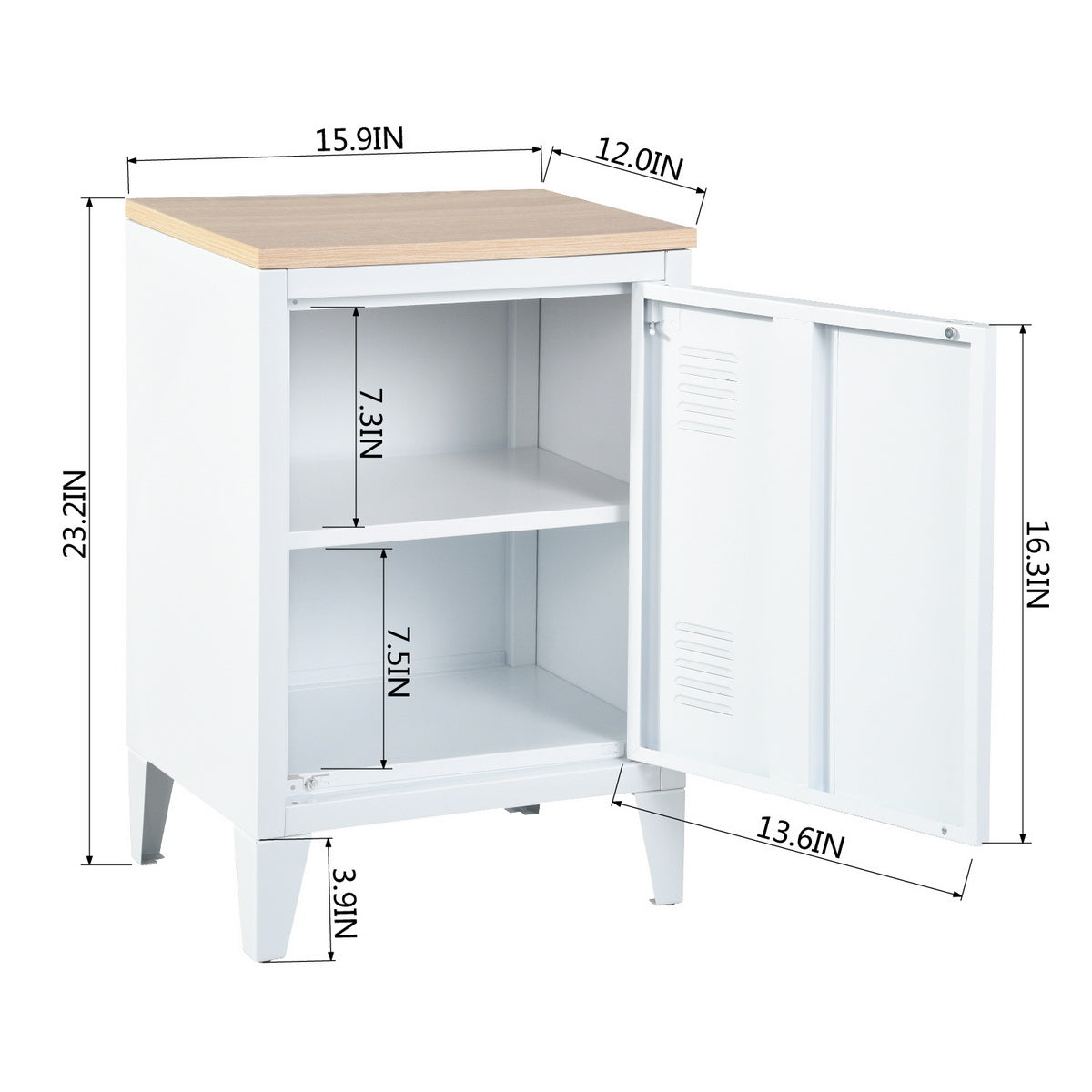 Homylin night table office metal lockers small metal closet teenage bedside table with wooden top 1 door with 2 shelves, white