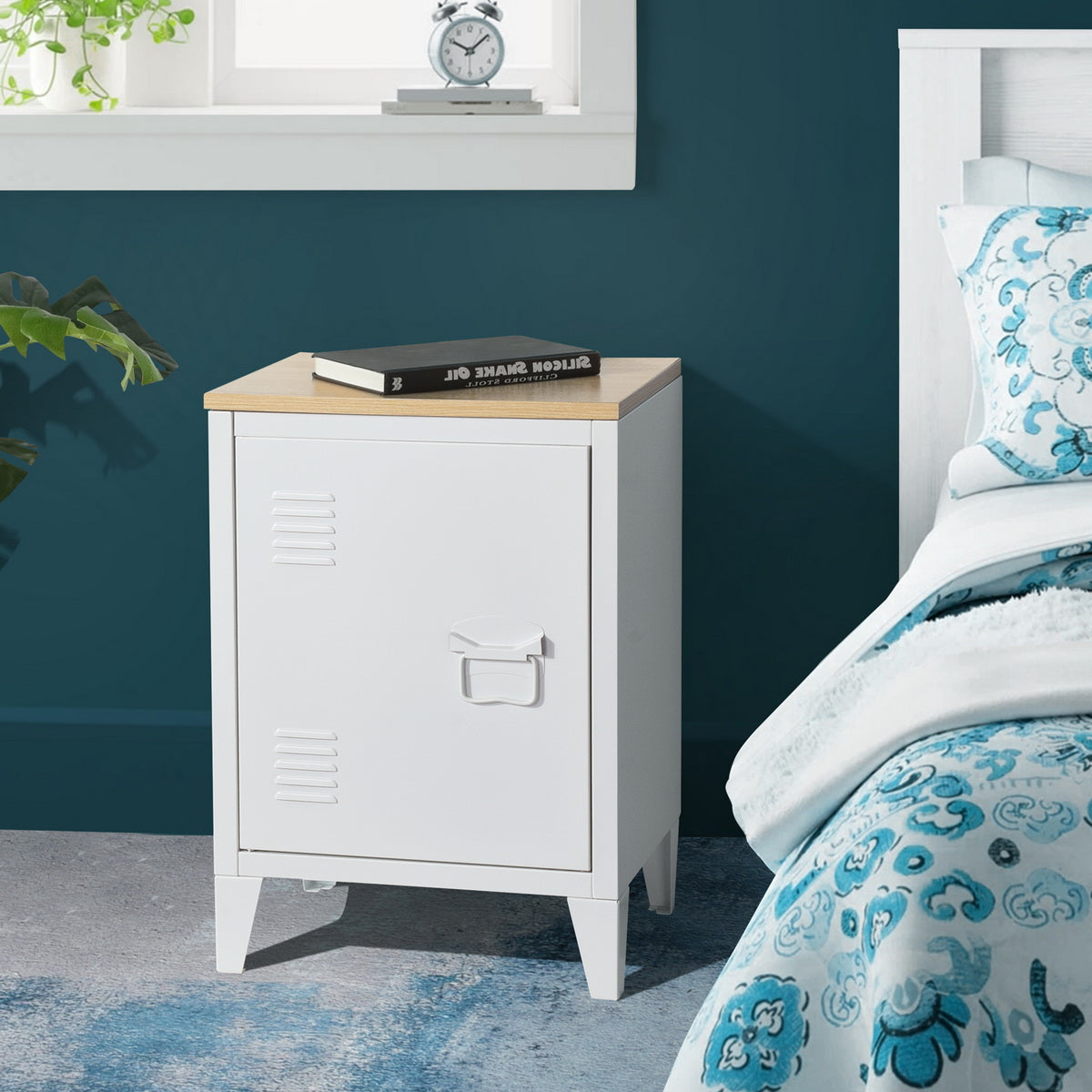 Homylin night table office metal lockers small metal closet teenage bedside table with wooden top 1 door with 2 shelves, white