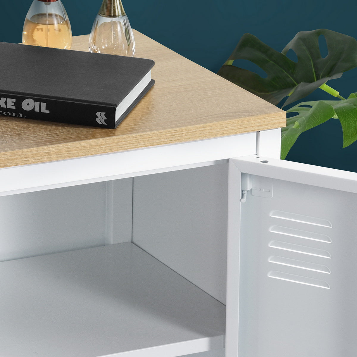 Homylin night table office metal lockers small metal closet teenage bedside table with wooden top 1 door with 2 shelves, white