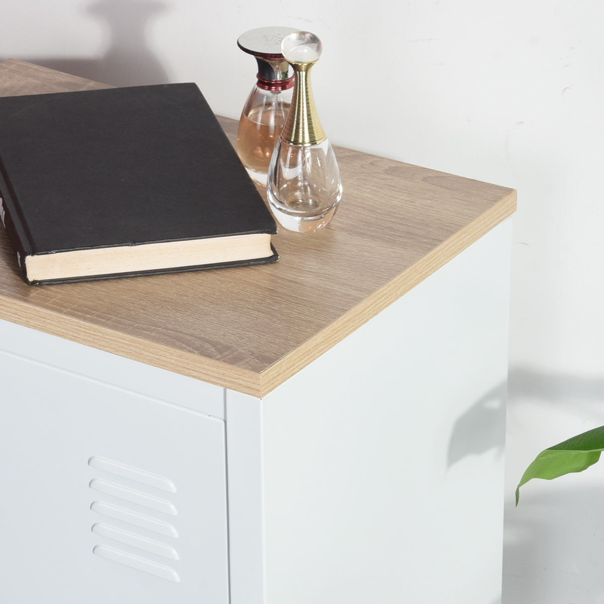 Homylin night table office metal lockers small metal closet teenage bedside table with wooden top 1 door with 2 shelves, white