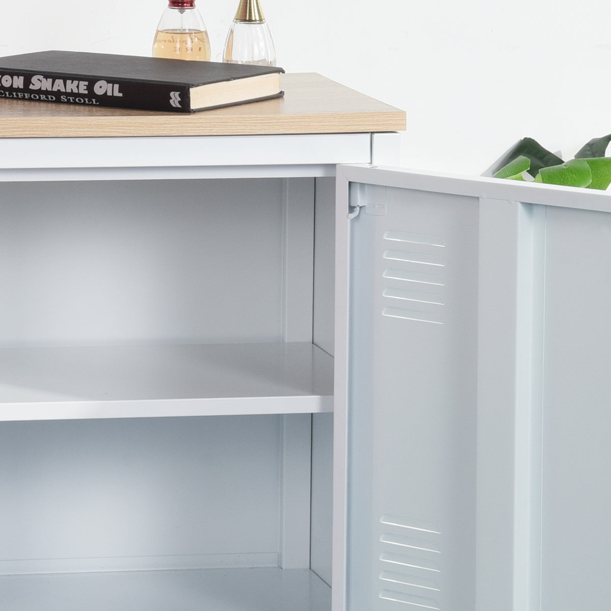 Homylin night table office metal lockers small metal closet teenage bedside table with wooden top 1 door with 2 shelves, white