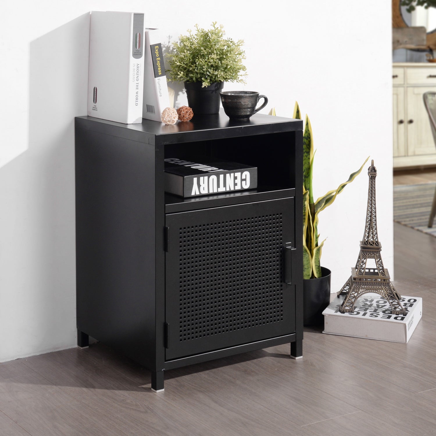 Homylin Nightstands Nightstands Metal Lockers Metal Lockers Small Metal Wardrobe Teenage Bedroom Wooden Lid Bedside Table 1 Door with 2 Shelves（Open Top Floor）, Black.