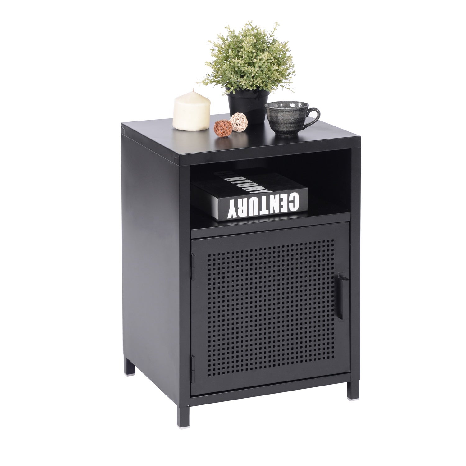 Homylin Nightstands Nightstands Metal Lockers Metal Lockers Small Metal Wardrobe Teenage Bedroom Wooden Lid Bedside Table 1 Door with 2 Shelves（Open Top Floor）, Black.